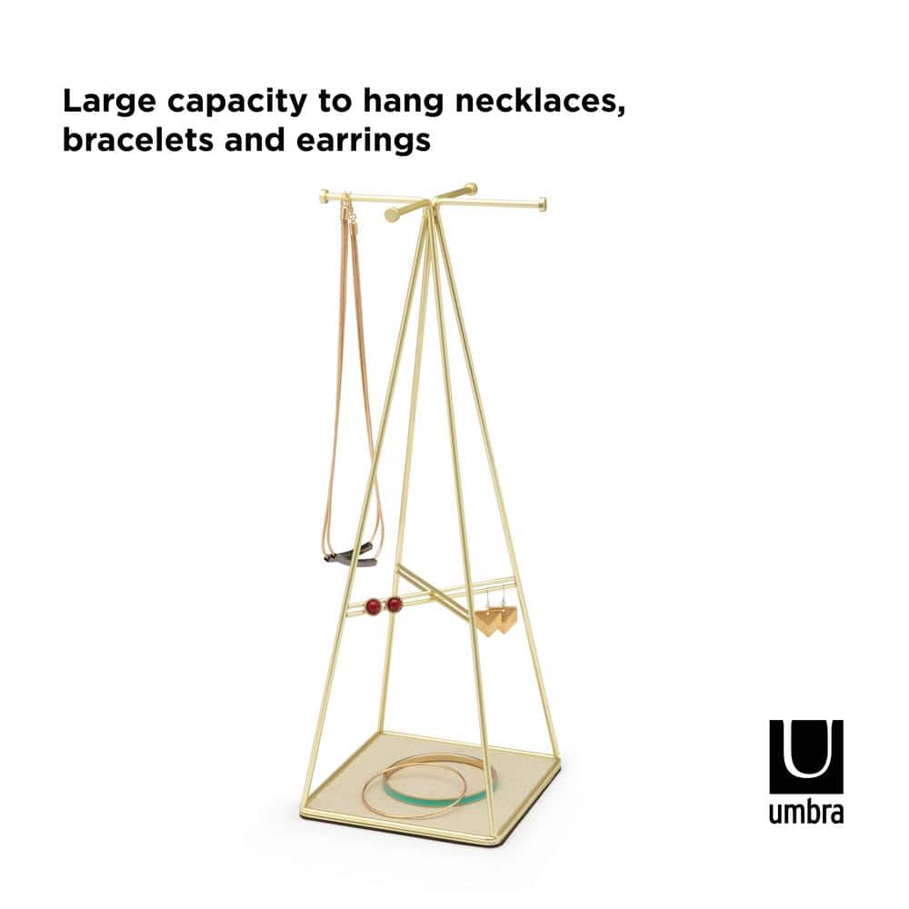 Matte Brass Steel Pyramid Jewelry Stand with Linen Base