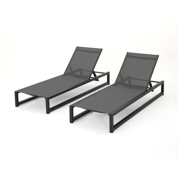 2-Piece 5-Level Black Aluminum Frame and Grey Textilene Mesh Adjustable Outdoor Chaise Lounge Perfect for Patio Poolside