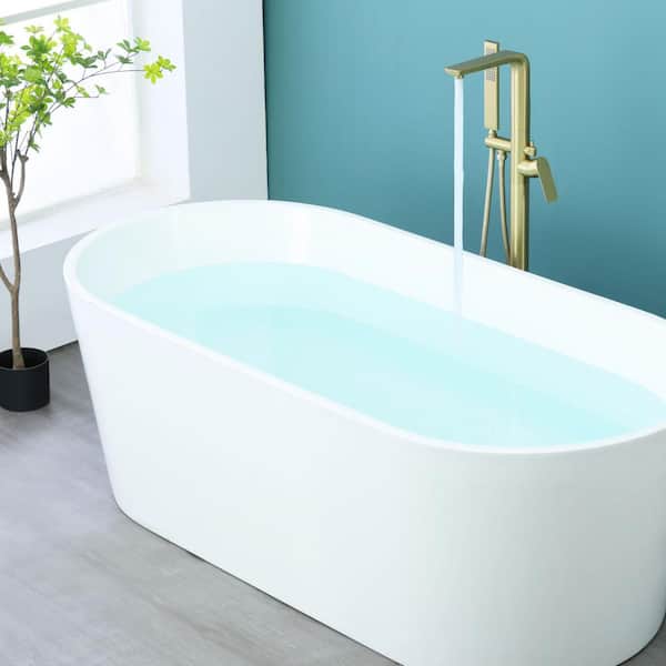 Single-Handle Freestanding Floor Mount Tub Filler Faucet with Hand Shower in Brushed Gold (Valve Included)