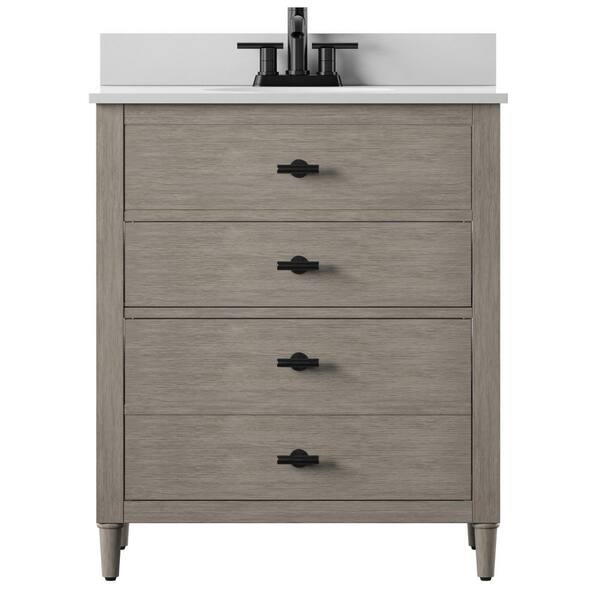 Twin Star Home Dresser Style 30 in. Bath Vanity in Barstow Acacia with Stone Vanity Top in White with White Basin