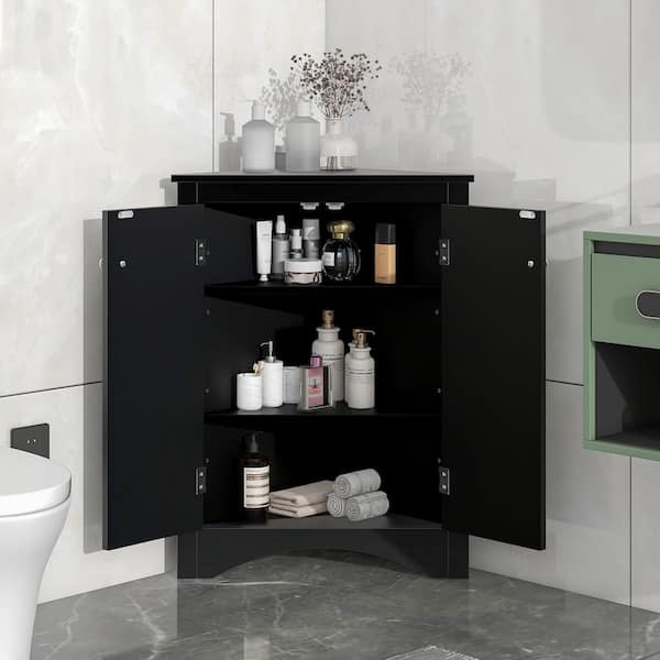 Torvallis Black 31.5 in. Freestanding Triangle Bathroom Storage Cabinet with Adjustable Shelves, Floor Corner Cabinet