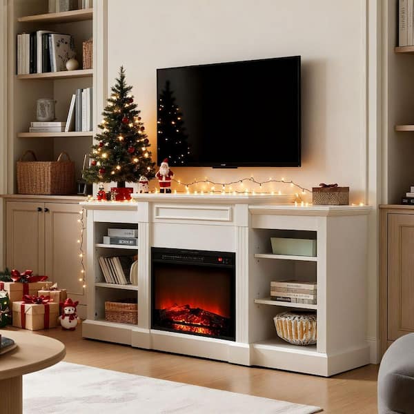 65.75 in. Freestanding Modern Electric Fireplace TV Stand with Adjustable Shelves and Large Storage Cabinets in White