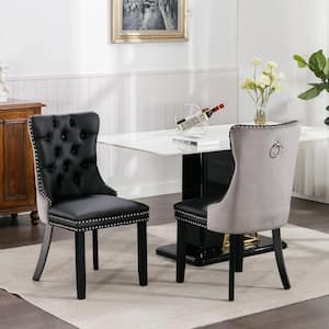 Set of 2 High-End Tufted Faux Leather Dining Room Chair with Nailhead Back Ring Pull Trim Solid Wood Legs - Gray/Black