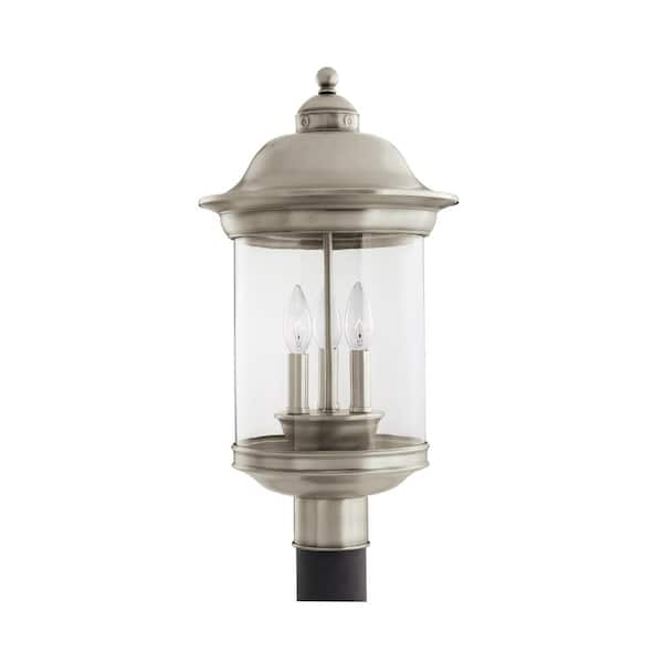 Generation Lighting Hermitage 3-Light Outdoor Antique Brushed Nickel Post Light with Dimmable Candelabra LED Bulb
