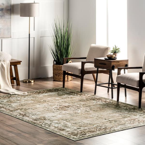 Paisley Beige Doormat 3 ft. x 5 ft. Machine Washable Faded Floral Border Medallion Indoor Area Rug