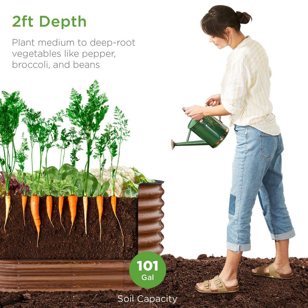 Wood Grain Oval Steel Raised Garden Bed Planter Box