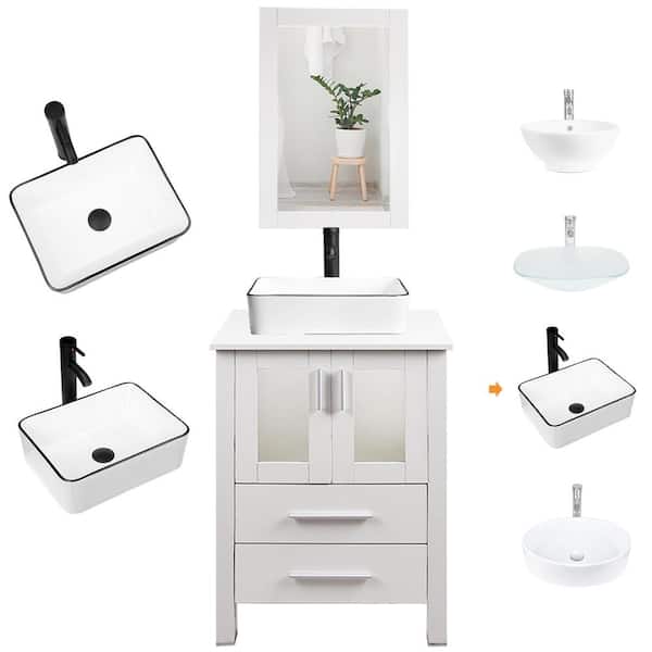 TOOLKISS 24 in. W x 19 in. D x 32.5 in. H 1-Sinks Bath Vanity in White with White Wood Top and Mirror