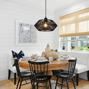 1-Light Black Geometric Hanging Linear Chandelier Lighting with Hemp Rope Shade for Dining Room with No Bulbs Included