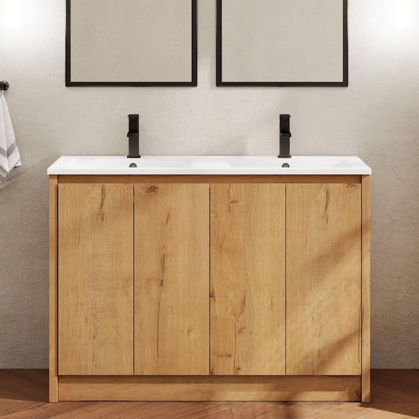 Natural Wood 48 in. W Double Sinks Oak Freestanding Bath Vanity with White Advanced Composite Resin Top