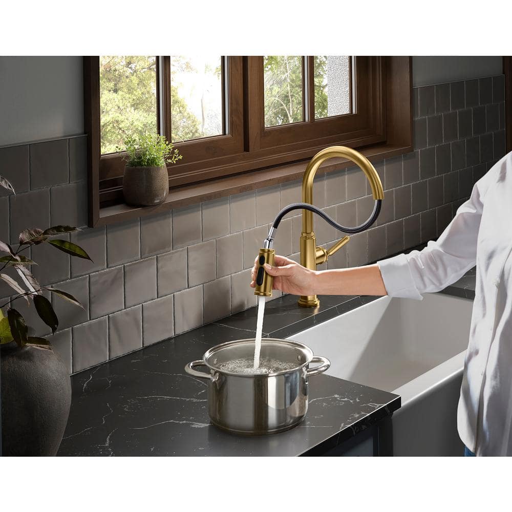 Revolv Single Handle Pull Down Sprayer Kitchen Faucet in Vibrant Brushed Moderne Brass