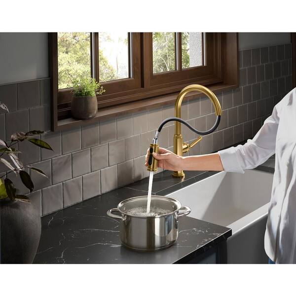 KOHLER Revolv Single Handle Pull Down Sprayer Kitchen Faucet in Vibrant Brushed Moderne Brass