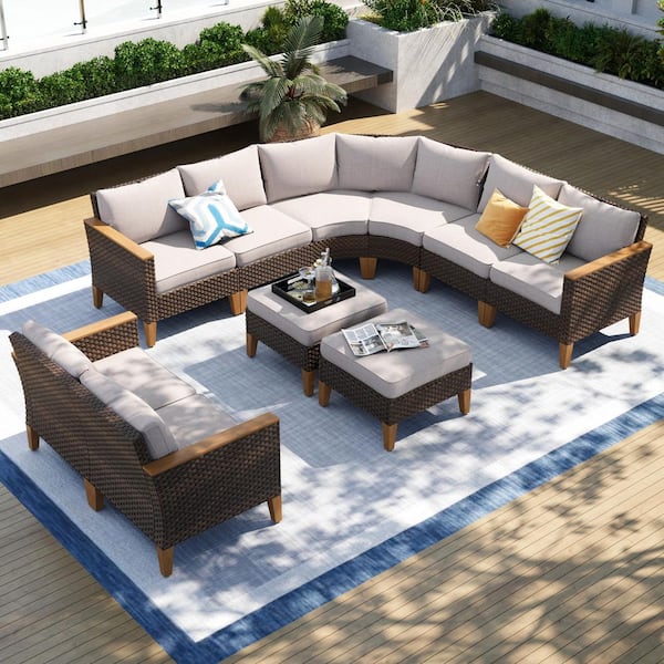 PHI VILLA Brown Rattan Wicker 10 Seat 10-Piece Steel Patio Outdoor Sectional Set with Beige Cushions