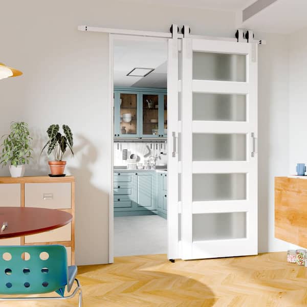 60 in. x 80 in. 5-Lite Frosted Glass White Primed Pine Wood Bypass Barn Door Slab with Nickel-Plated Hardware Kit Set