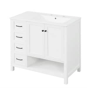 36 in. W Single Sink Freestanding Bath Vanity in White with White Ceramic Top, 2 Doors and 2 Drawers