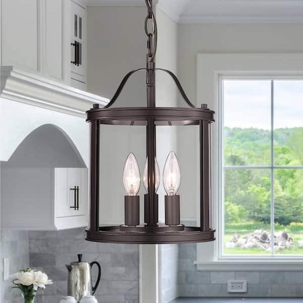Farmhouse 3-Light Oil Rubbed Bronze Finish Metal Pendant Hanging Lighting Fixture with Clear Glass Shade