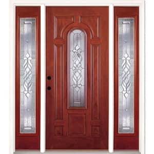 67.5 in.x81.625in.Lakewood Zinc Center Arch Lt Stained Cherry Mahogany Rt-Hd Fiberglass Prehung Front Door w/Sidelites