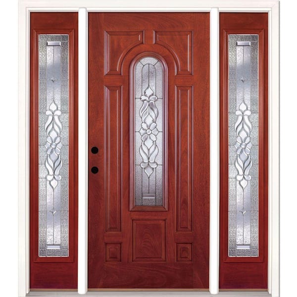 67.5 in.x81.625in.Lakewood Zinc Center Arch Lt Stained Cherry Mahogany Rt-Hd Fiberglass Prehung Front Door w/Sidelites