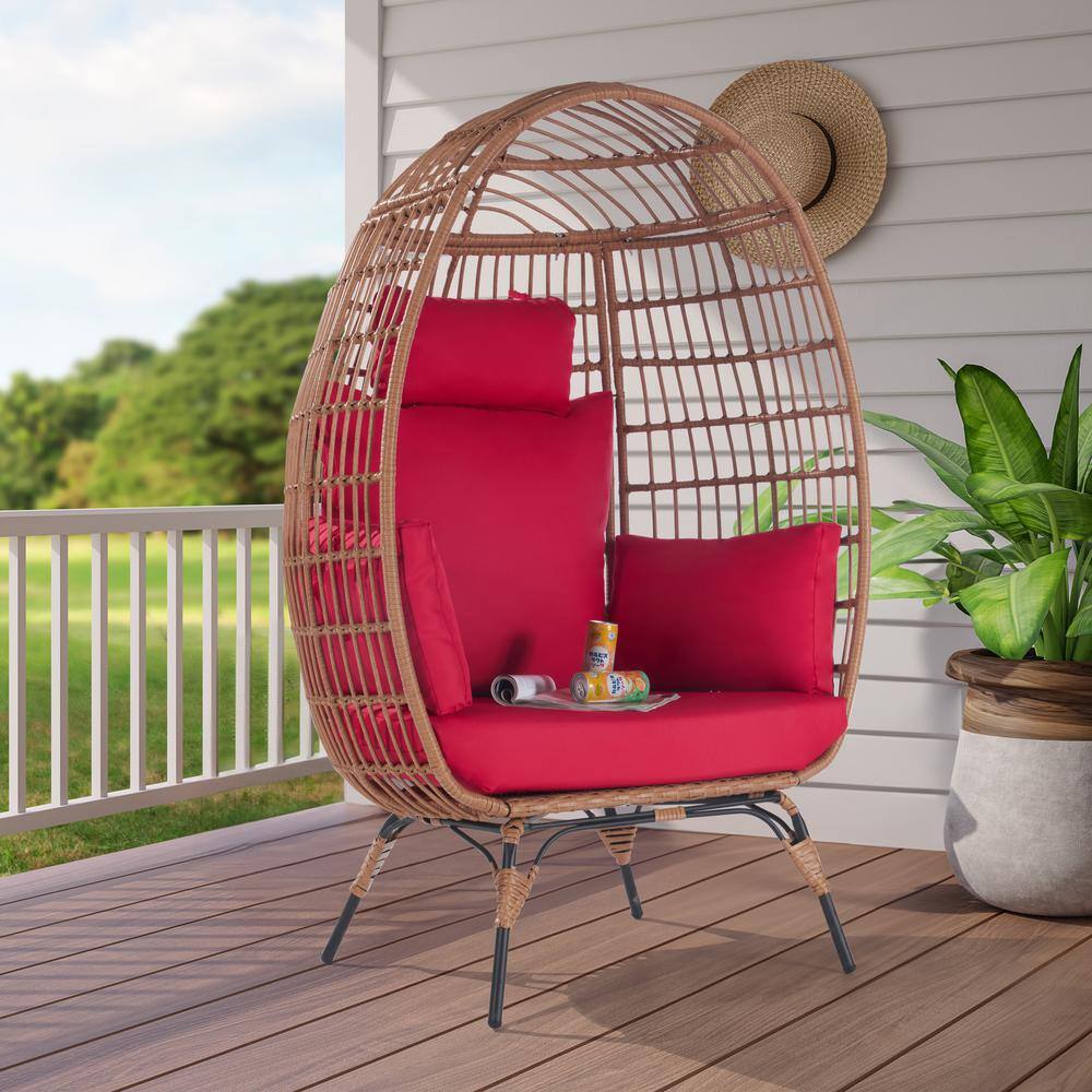 Wicker Egg Chair Outdoor Lounge Chair Basket Chair with Red Cushion
