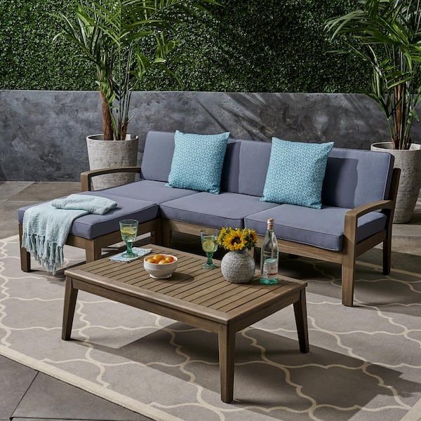 Unbranded Outdoor Brown 5-Piece Wood Patio Conversation Sectional Seating Set with CushionGuard, Grey Cushions