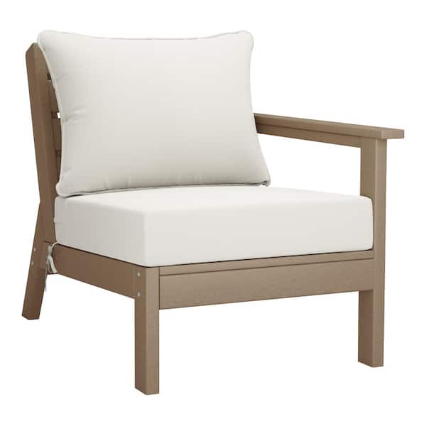 WESTIN OUTDOOR Birchwood Outdoor Patio Deep Seating Right Facing Arm HDPE Lounge Chair in Weathered Wood with White Cushions