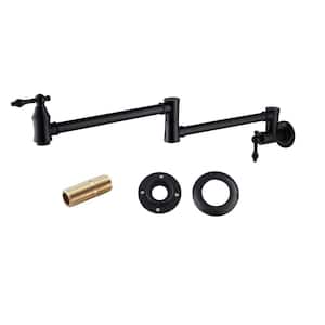 2-Handle Wall Mount Pot Filler with Folding Double Joint Swing Arm Kitchen Faucet in Black