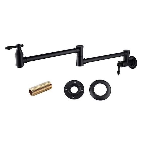 Logmey 2-Handle Wall Mount Pot Filler with Folding Double Joint Swing Arm Kitchen Faucet in Black