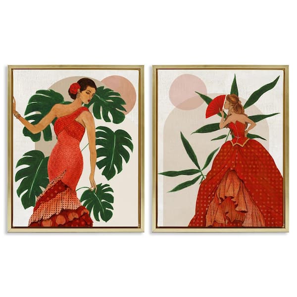 Stupell Industries Tropical Fashionistas in Red by Janet Tava 2-Pieces Gold Floater Frame People Graphic Art Print 21 in. x 17 in.
