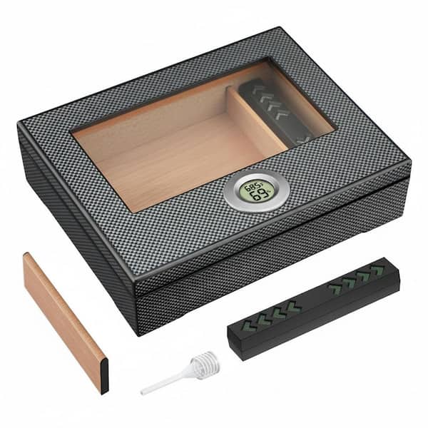 10.16 in. W x 3.82 in. H Carbon Fiber Glass Top Cigar Humidor with Digital Hygrometer, Wood, Holds 25-30 Cigars