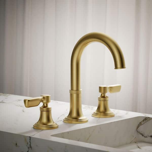 Paces 8 in. Widespread Double Handle Bathroom Faucet with Lever Handles in Vibrant Brushed Moderne Brass