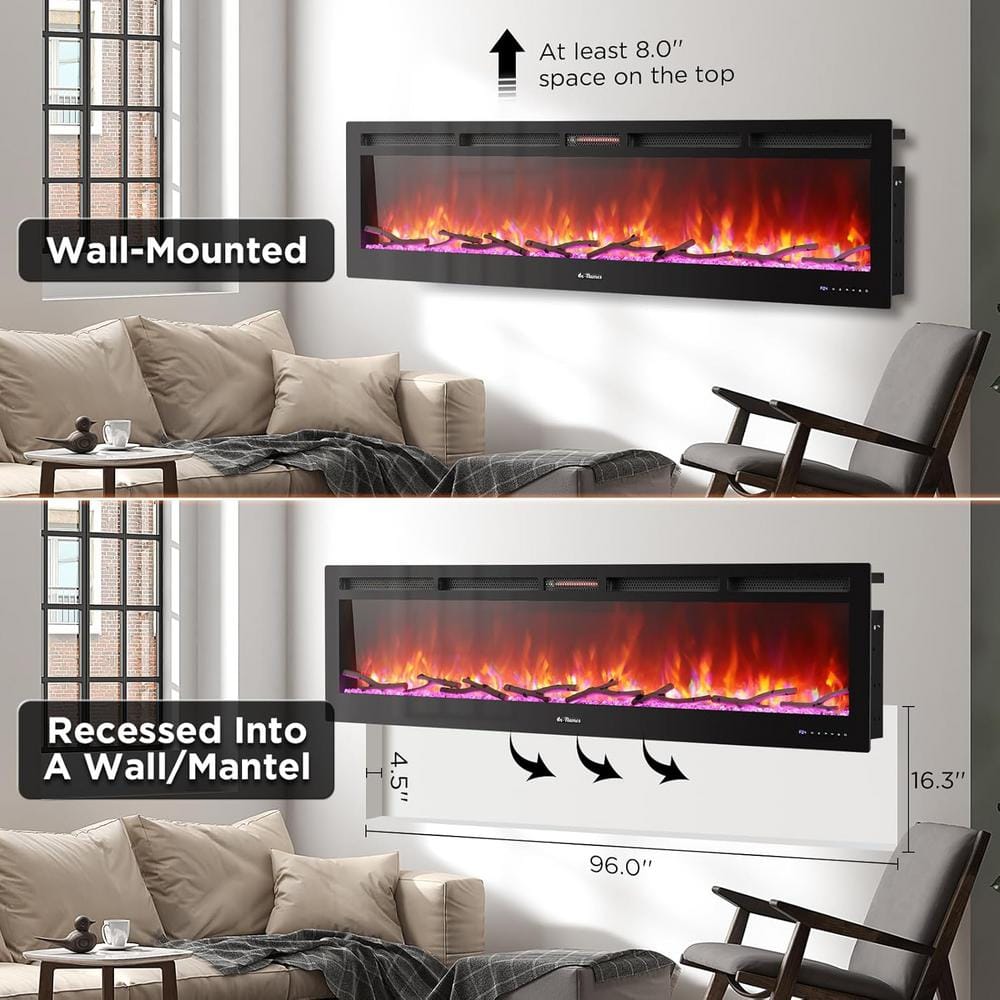 98-Inch Black Smart Wi-Fi Infrared Electric Fireplace with Remote Control