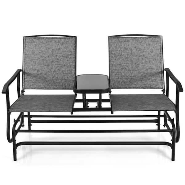 Afoxsos Gray 2-Person Metal Outdoor Glider Chair Porch Patio Chair Bench Loveseat Armchair with Center Tempered Glass Table