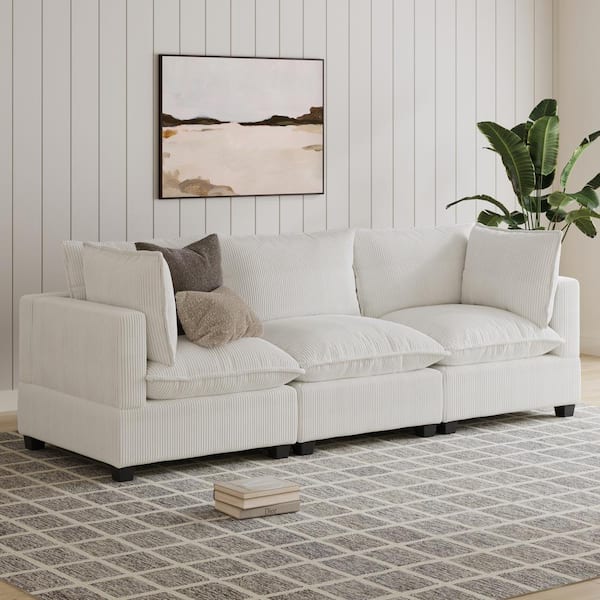 Chelsea 111 in. sq. Arm Corduroy Fabric Upholstery Modular 3-Seater Sofa w/ Removable Cushion Covers in Pearl White
