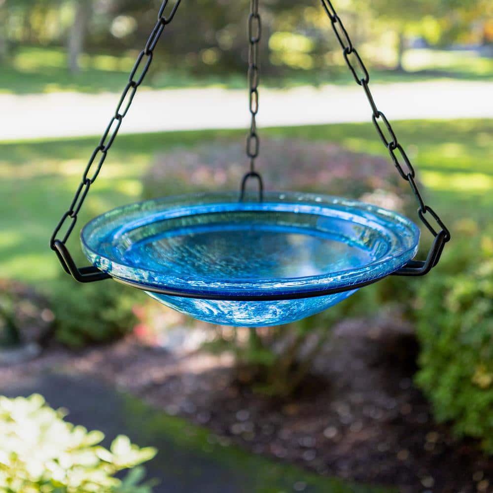 Teal Crackle Glass Hanging Birdbath with Iron Chain