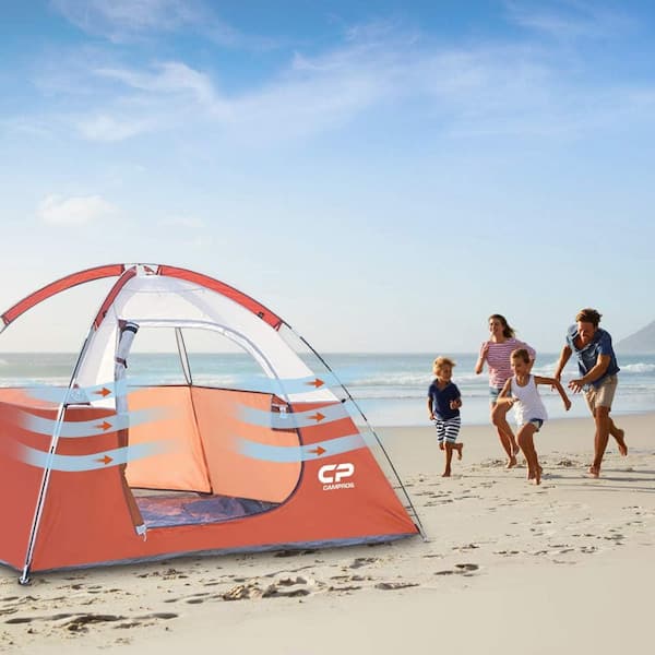 Cesicia Outdoor 7 ft. x 7 ft. x 47 in. 3-Person Red Fabric Camping Tent with 3 Mesh Windows for Hiking