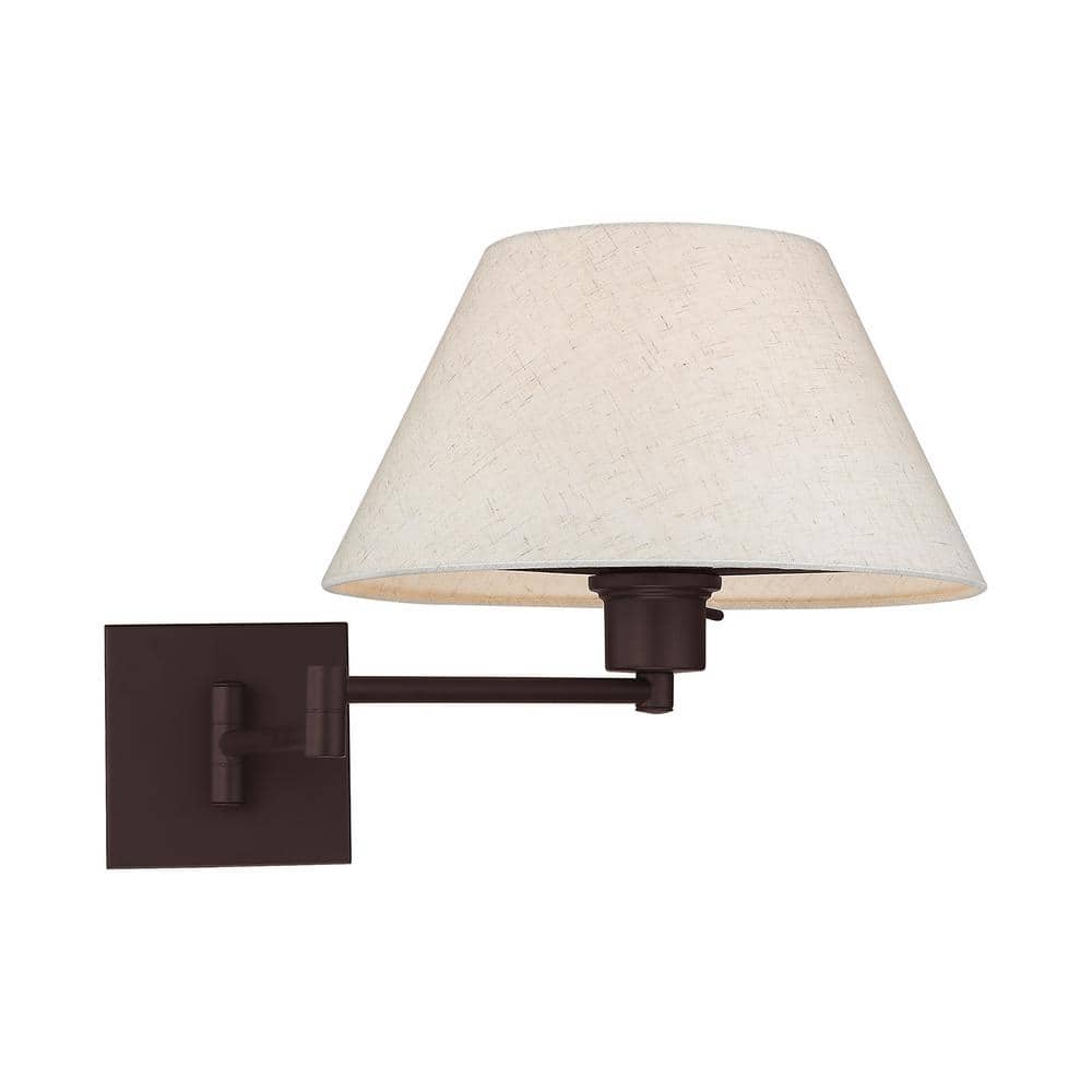 Bronze Finish Swing Arm Wall Lamp with Oatmeal Fabric Shade