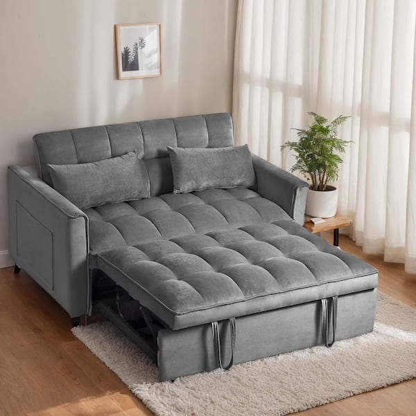 52.75 in. Dark Gray Velvet Modern Loveseat Full 3 in 1 Convertible Sofa Bed Sofa Couch Pullout Bed w/Reclining Backrest