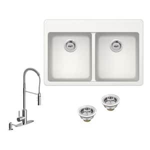 All-in-One Drop-in Quartz Composite 33 in. 4-Hole 50/50 Double Bowl Kitchen Sink in White with Faucet in Chrome