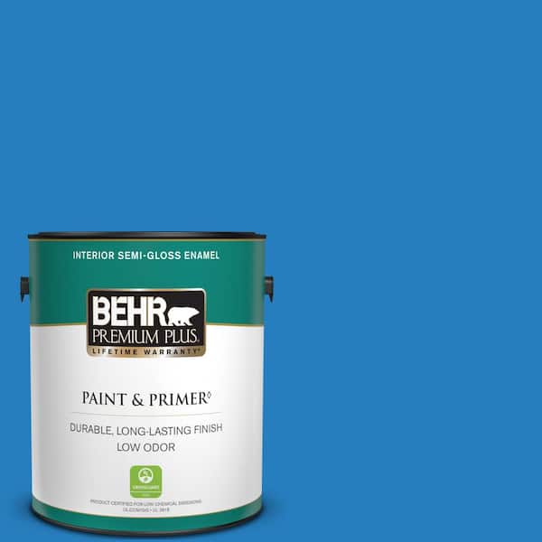 BEHR PREMIUM PLUS 1 gal. #P510-6 Brilliant Blue Semi-Gloss Enamel Low Odor Interior Paint & Primer