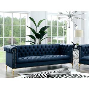 Ramona 33.8 in. Navy/Gold Faux Leather 3-Seater Tuxedo Sofa with Nailheads