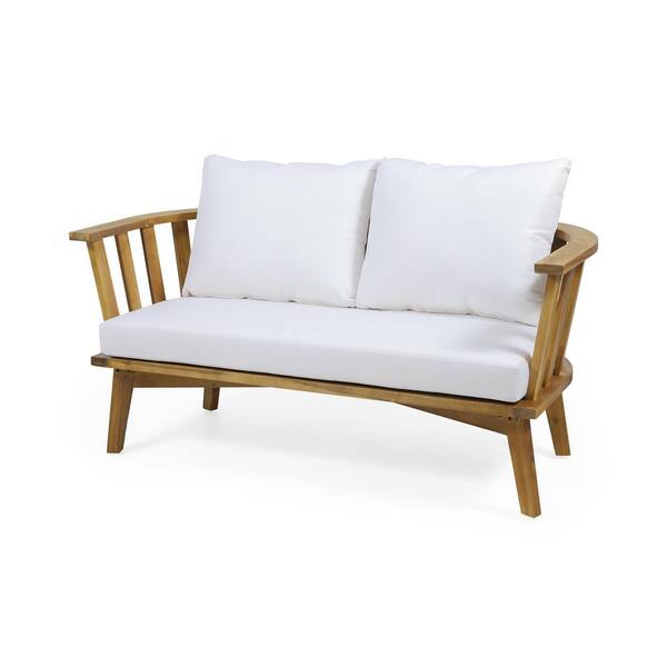 White and Teak Wood Patio Loveseat with Cream Cushions​