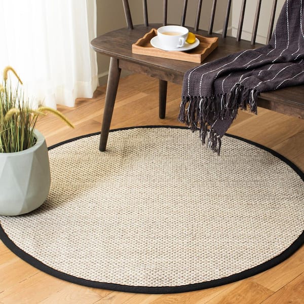Natural Fiber 3 ft. x 3 ft. Round Marble/Black Woven Border Area Rug