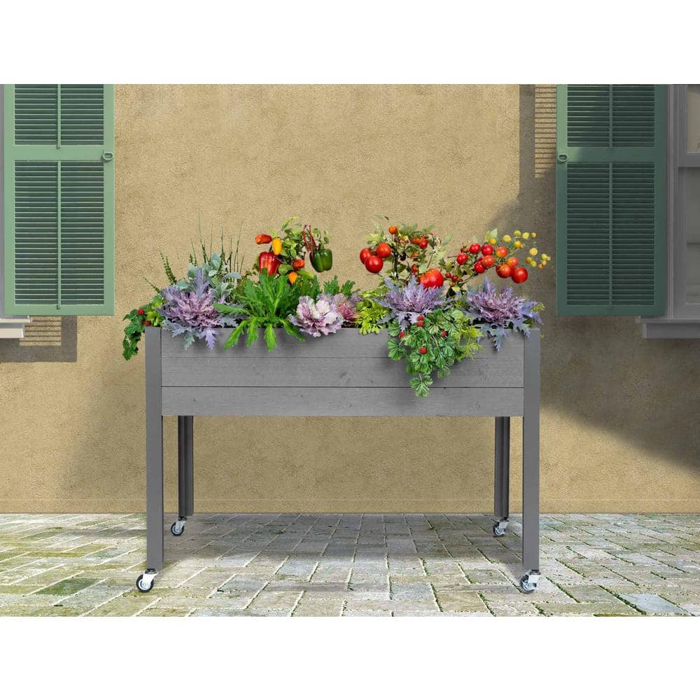 47" Gray Self-Watering Elevated Cedar Planter with Casters