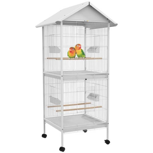 67 in. H Wrought Metal Bird Cage Feeder with Rolling Stand Perches Food Containers Doors Wheels, White