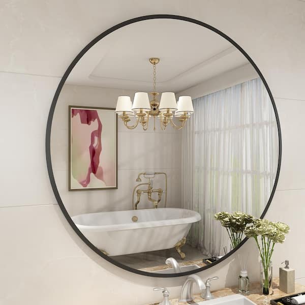 Apmir 36 in. W x 36 in. H Round Aluminum Alloy Framed French Cleat Mounted Wall Decor Bathroom Vanity Mirror in Matte Black