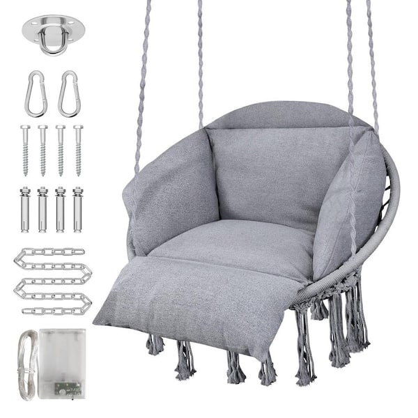 SEEUTEK Grey Hanging Chair Hammock Hanging Swinging Chair with Oversized Cushion and Mounting Hardware Handwoven Swing Chair