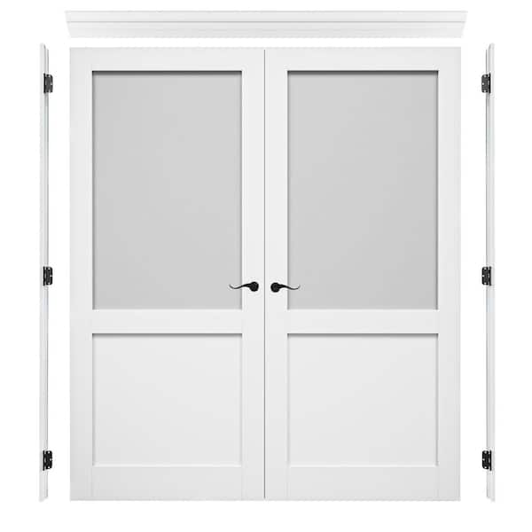 ARK DESIGN 72 in. x 80 in. Universal Handed 1/2-Lite Frosted Glass White Solid Core French Door with Quick Assemble Jamb