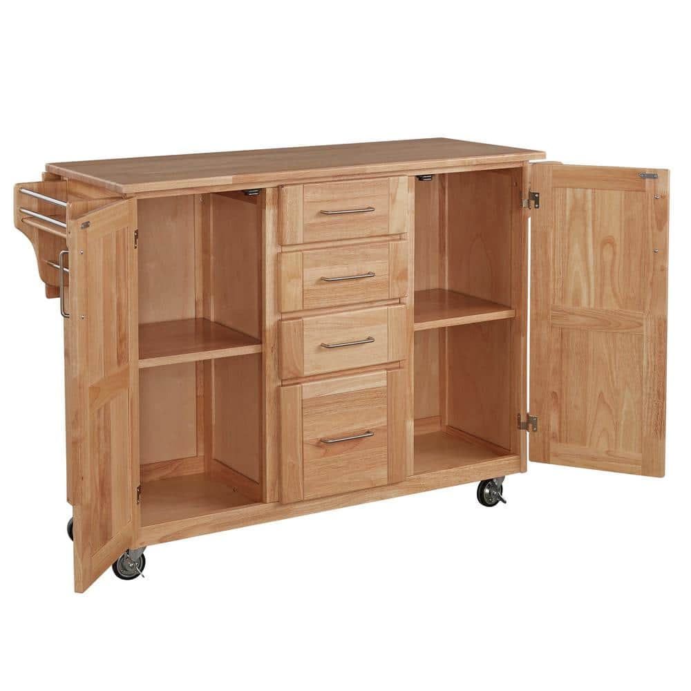 Natural Oak Drop-Leaf Rectangular Kitchen Cart with Spice Rack and Storage