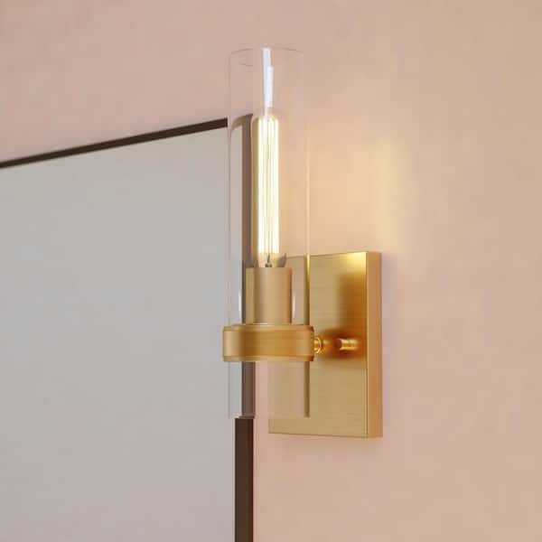 Bari 1-Light Satin Brass Contemporary Wall Sconce with Clear Cylinder Glass
