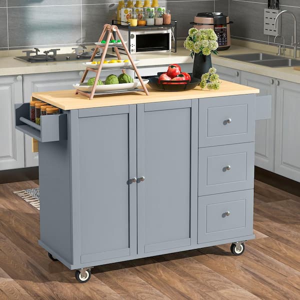 52.7 in. Gray Solid Wood Top Kitchen Cart Island with Drop Leaf, Storage Cabinet, Spice Rack, Drawer, and Wheels