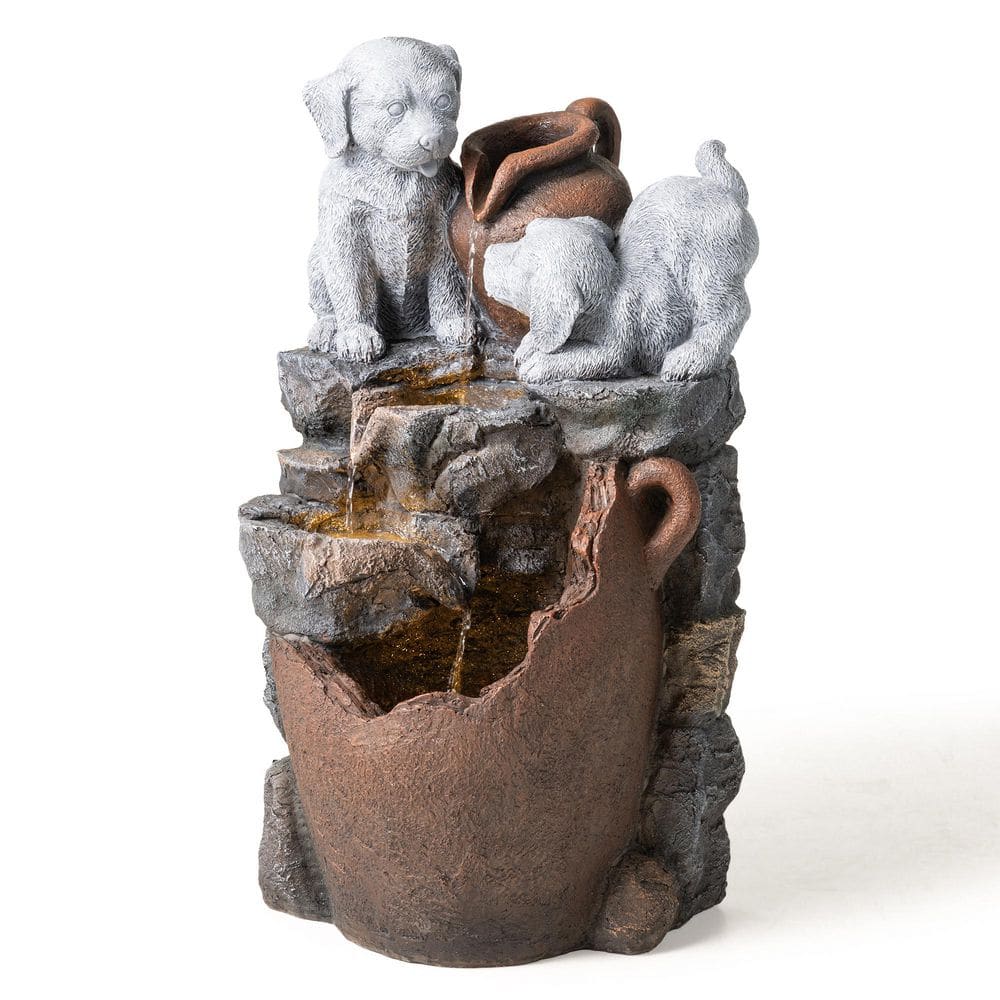 23.5 in. H 4-Tiered Dogs and Pot Polyresin Outdoor Fountain with Pump and LED Light price history on PriceWatchPro